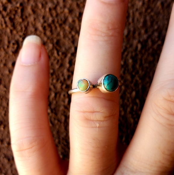 New Ethiopian Opal & Turquoise Thin Silver Band Ring. - Picture 8 of 15